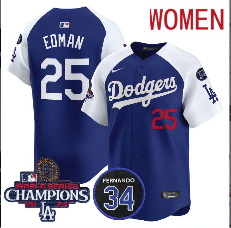 Women MLB Los Angeles Dodgers #25 Edman blue 2024 World Series Champions Patch Limited Jersey->women mlb jersey->Women Jersey